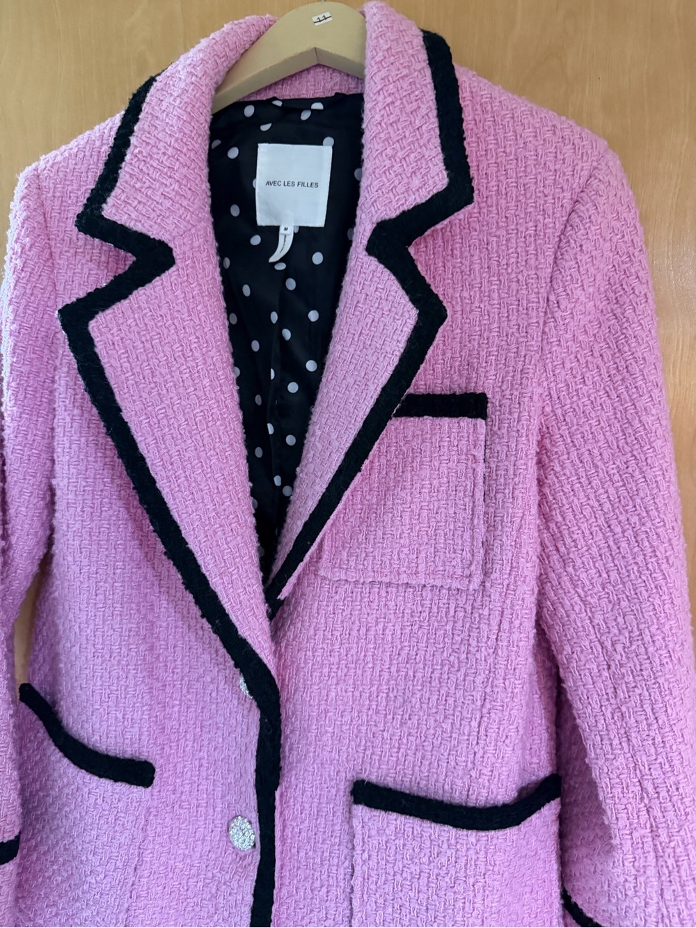 Avec Les Filled Anthropologie Pink Bouclé Blazer with Black Trim - Picture 2 of 4